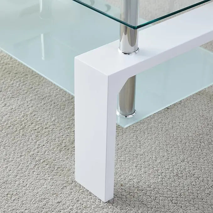 Coffee Table - Rectangle Glass Coffee Table with Simple and Classical Inspired Design, Easy Assembly for Modern Living, 39.5 * 23.5 * 17.5 inches (White) - LeafyLoom