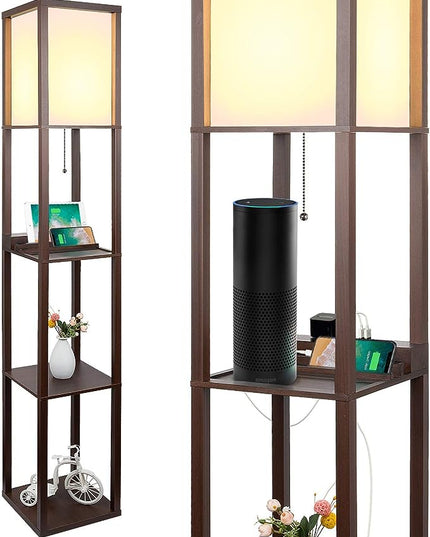 3-in-1 Shelf Floor Lamp with 1 USB Ports & 1 Type C Port & 1 Power Outlet, 3-Tiered Shelf Lamp, Modern Standing Light for Bedroom & Living Room, Shelf & Storage Floor Lamp Combination, Brown - LeafyLoom