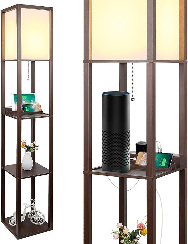 3-in-1 Shelf Floor Lamp with 1 USB Ports & 1 Type C Port & 1 Power Outlet, 3-Tiered Shelf Lamp, Modern Standing Light for Bedroom & Living Room, Shelf & Storage Floor Lamp Combination, Brown - LeafyLoom