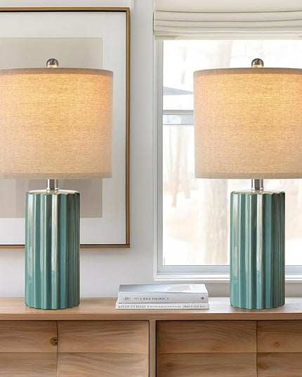Oneach 21'' Farmhouse Ceramic Table Lamp Set of 2 for Bedroom Living Room House Decor Deep Blue Desk Lamps Home Office Dorm Rustic Modern Style Lamp - LeafyLoom