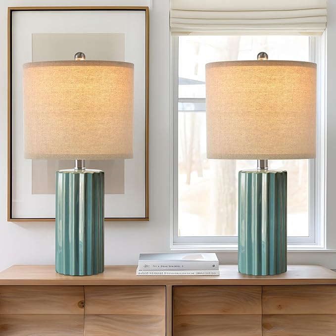 Oneach 21'' Farmhouse Ceramic Table Lamp Set of 2 for Bedroom Living Room House Decor Deep Blue Desk Lamps Home Office Dorm Rustic Modern Style Lamp - LeafyLoom