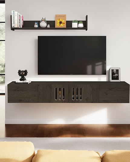 Pmnianhua Floating TV Stand,85'' Wall Mounted TV Cabinet, Mid Century TV Bench Under TV Entertainment Center Shelf TV Console Table with 4 Cabinets for Living Room Bedroom (Dark Grey) - LeafyLoom