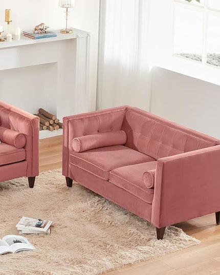 Dreamsir 58'' W Velvet Sofa, Mid-Century Love Seats Sofa Furniture with Bolster Pillows, Button Tufted Couch for Living Room, Tool-Free Assembly (Loveseat, Pink) - LeafyLoom
