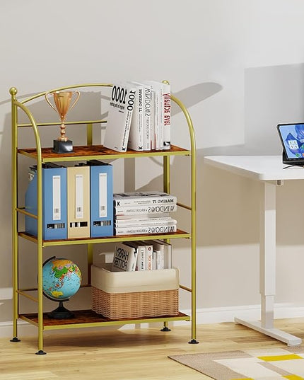 FRAPOW Folding Bookshelf No Assembly, 3 Tier Shelf Gold Collapsible Bookcase, Arched Metal Display Portable Book Shelf with Storage Shelves for Bedroom, Living Room, Home Office - LeafyLoom