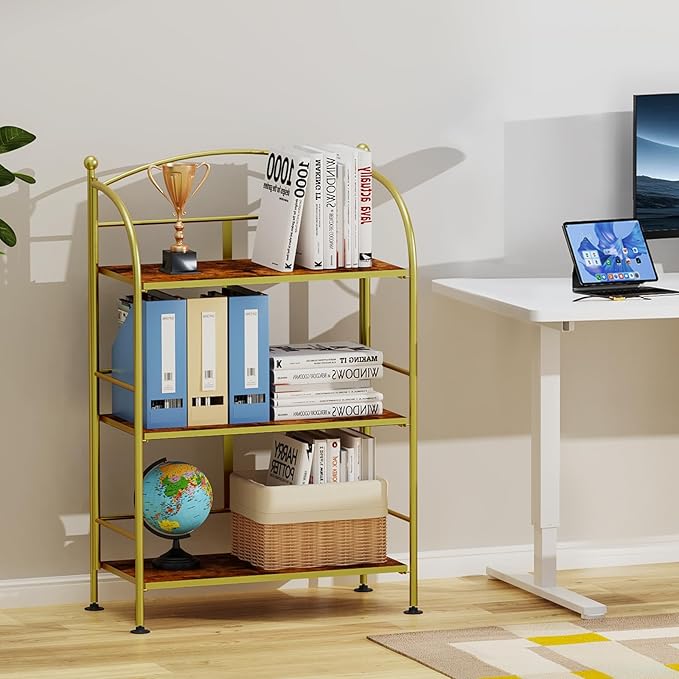 FRAPOW Folding Bookshelf No Assembly, 3 Tier Shelf Gold Collapsible Bookcase, Arched Metal Display Portable Book Shelf with Storage Shelves for Bedroom, Living Room, Home Office - LeafyLoom