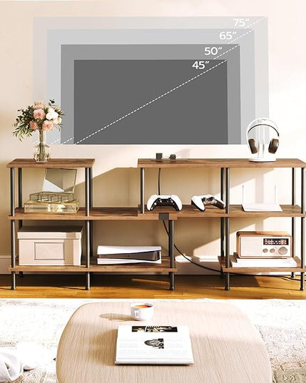 HOOBRO TV Stand, Deformable TV Stand with Power Outlets to 75 Inch, Modern Entertainment Center with Storage Shelves, Media TV Console Table for Living Room, Bedroom, Rustic Brown and Black BF15UDS01 - LeafyLoom