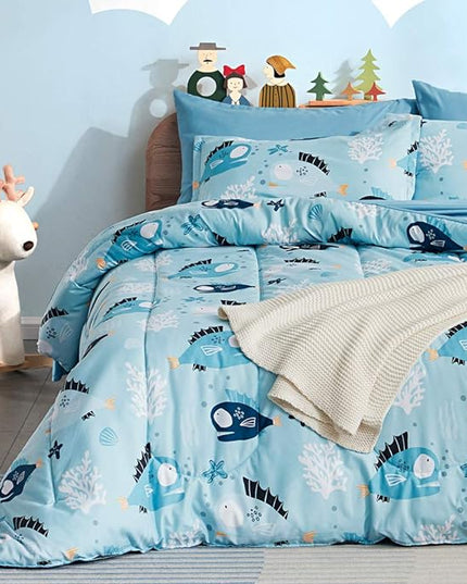 SLEEP ZONE Kids Bedding Comforter Set Full/Queen Size - Super Cute & Soft Kids Bedding 7 Pieces Set with Comforter, Sheet, Pillowcase & Sham (Little Fish) - LeafyLoom