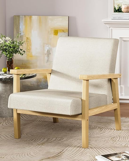 YESHOMY Mid-Century Modern Accent Chair with Solid Wood Frame and Thick Cushion for Living Room, Bedroom, Home Office, Set of 2, Beige - LeafyLoom