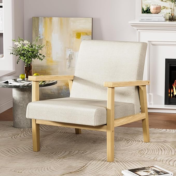 YESHOMY Mid-Century Modern Accent Chair with Solid Wood Frame and Thick Cushion for Living Room, Bedroom, Home Office, Set of 2, Beige - LeafyLoom