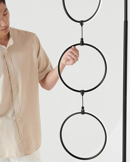 Brightech Nova Modern Floor Lamp Matches Living Room Décor - Contemporary Arc Tall Lamp with 3-Circle Ring-Style Pendant - Over The Couch Standing on Arching Pole - Eclectic- Black - LeafyLoom