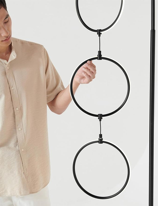 Brightech Nova Modern Floor Lamp Matches Living Room Décor - Contemporary Arc Tall Lamp with 3-Circle Ring-Style Pendant - Over The Couch Standing on Arching Pole - Eclectic- Black - LeafyLoom
