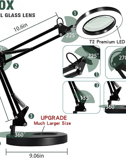 Magnifying Glass with Light and Stand, 10X Magnifying Lamp, 2-in-1 Magnifying Desk Lamp with Clamp, 3 Color Mode, Magnifying Glasses with Light for Close Work (Base(No Clamp)) - LeafyLoom