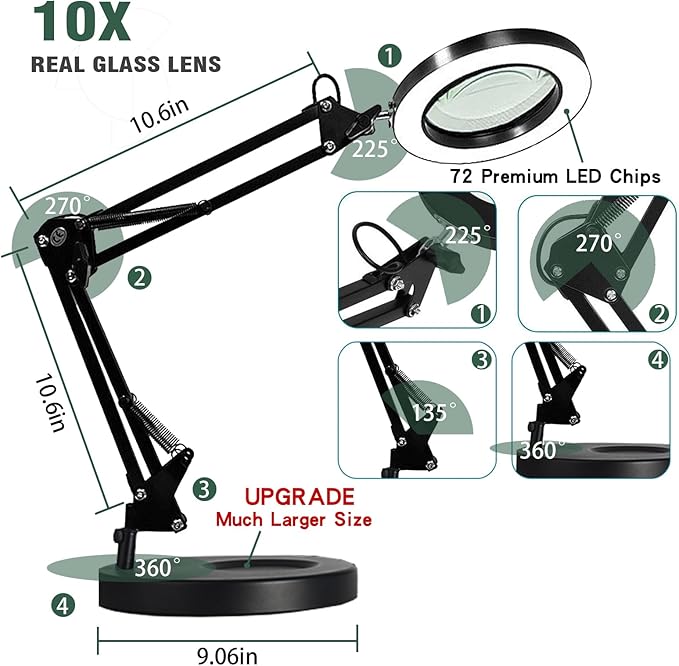 Magnifying Glass with Light and Stand, 10X Magnifying Lamp, 2-in-1 Magnifying Desk Lamp with Clamp, 3 Color Mode, Magnifying Glasses with Light for Close Work (Base(No Clamp)) - LeafyLoom