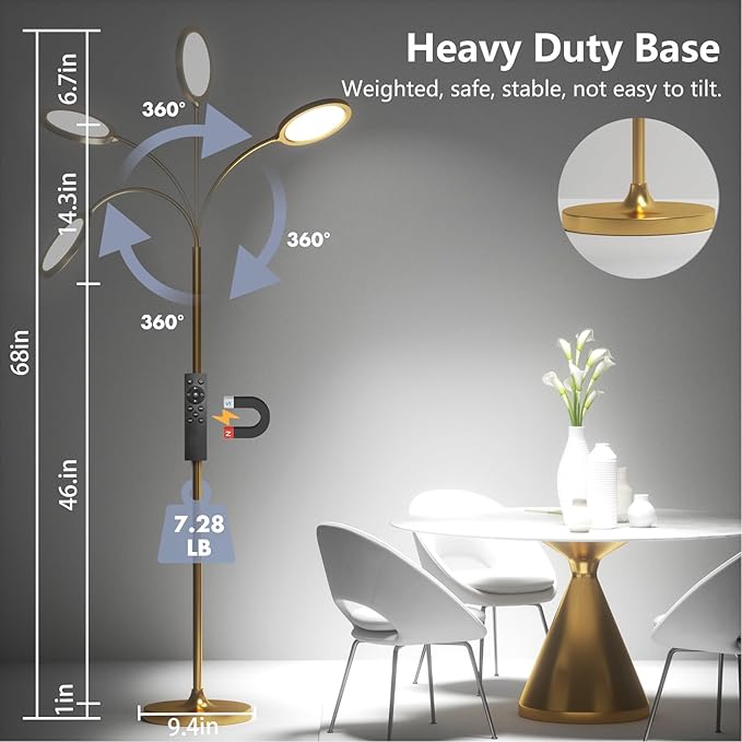 Gold Floor Lamp,Super Bright Dimmable LED Floor Lamps for Living Room, Custom Color Temperature Standing Lamp with Remote Push Button, Adjustable Gooseneck Reading Floor Lamp for Bedroom Office - LeafyLoom