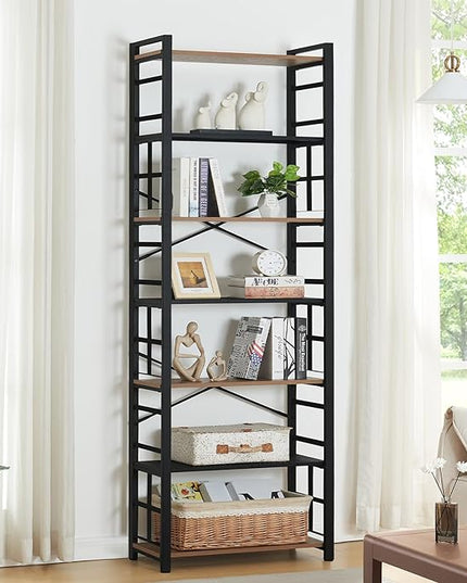 HOMBAZAAR Bookshelf,7 Tier Tall Bookshelf with Metal Frame,Open Bookshelves and Bookcases,Industrial Book Shelf for Living Room,Home Office and Bedroom,Rustic Brown - LeafyLoom