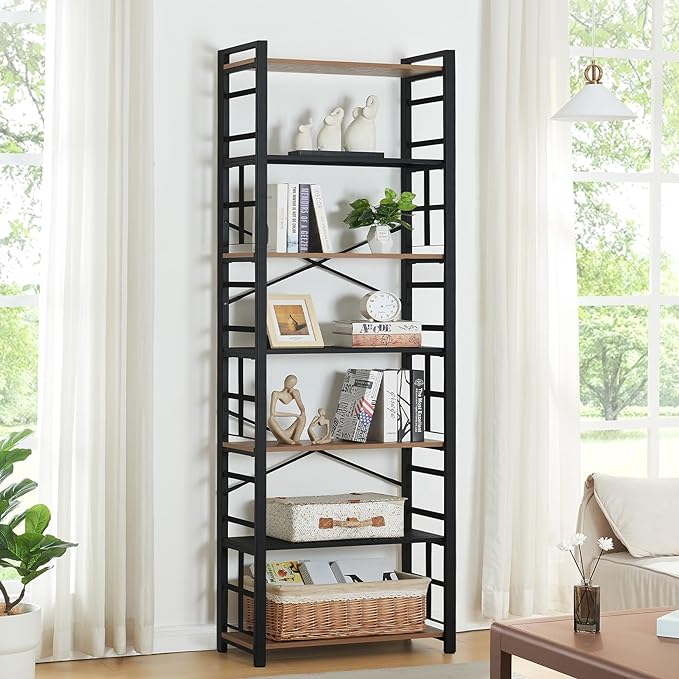 HOMBAZAAR Bookshelf,7 Tier Tall Bookshelf with Metal Frame,Open Bookshelves and Bookcases,Industrial Book Shelf for Living Room,Home Office and Bedroom,Rustic Brown - LeafyLoom