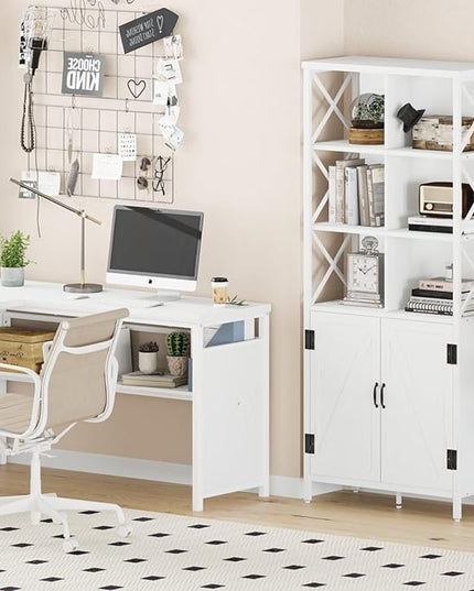 FATORRI Bookshelf with Doors, Modern Tall Bookshelf with Cabinet, Wood Book Shelf and Farmhouse Organizer Storage BookCase for Living Room (White Oak) - LeafyLoom