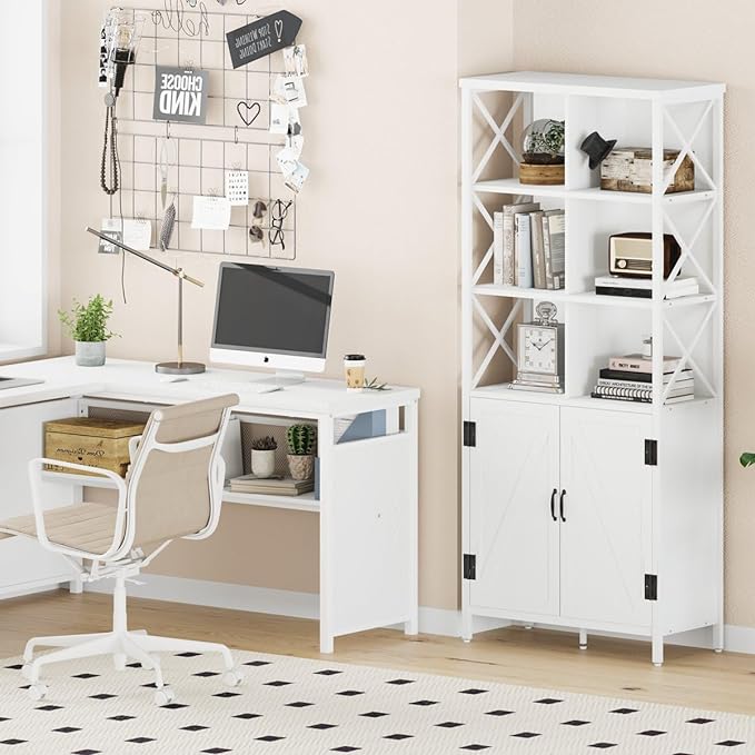 FATORRI Bookshelf with Doors, Modern Tall Bookshelf with Cabinet, Wood Book Shelf and Farmhouse Organizer Storage BookCase for Living Room (White Oak) - LeafyLoom
