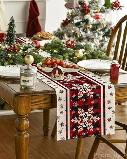 Artoid Mode Buffalo Plaid Snowflakes Christmas Table Runner, Seasonal Winter Kitchen Dining Table Decoration for Home Party Decor 13x48 Inch ArtoidMode