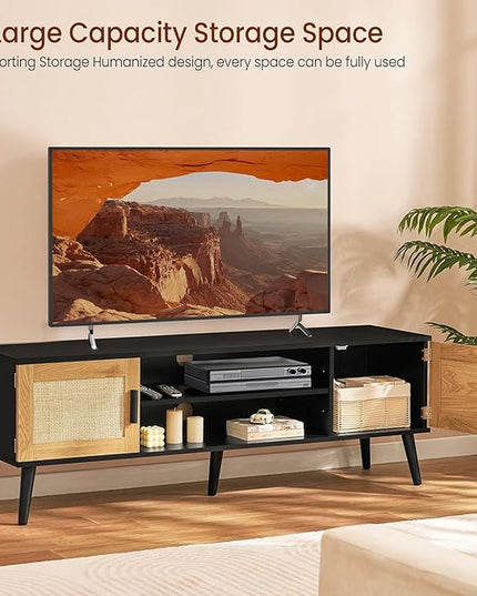 Iwell Rattan TV Stand for 70 inch TV, Entertainment Center with Adjustable Shelf & 2 Cabinets, TV Stands for Living Room, Bedroom, Natural + Black - LeafyLoom