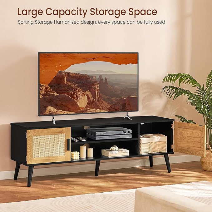 Iwell Rattan TV Stand for 70 inch TV, Entertainment Center with Adjustable Shelf & 2 Cabinets, TV Stands for Living Room, Bedroom, Natural + Black - LeafyLoom