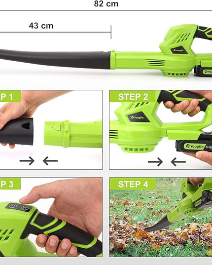 YOUGFIN Cordless Leaf Blower, 21V Powerful Motor, Electric Leaf Blower for Lawn Care, Battery Powered Leaf Blower Lightweight for Snow Blowing (Battery & Charger Included) - LeafyLoom