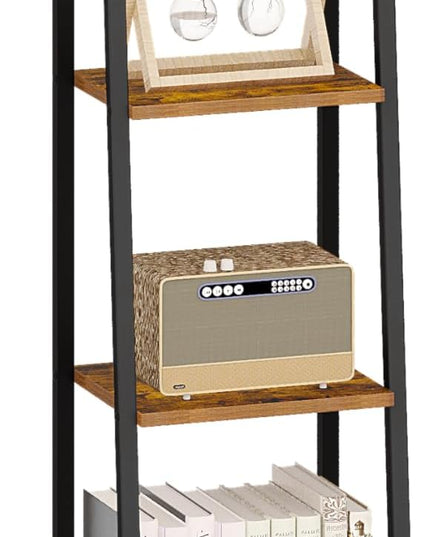 Ladder Shelf, Bookshelf Bookcase, Freestanding Corner Storage Shelve with 2 Hooks for Home Office, Living Room, Kitchen, Bedroom, Industrial, 6-Tier Rustic Brown BC13301B - LeafyLoom