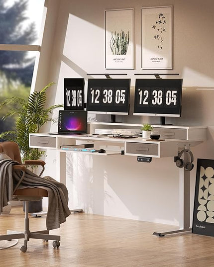 Electric Standing Desk, Multifunctional Standing Desk Adjustable Height, 63 * 24 Standing Desk with 4 Drawers, Ergonomic Adjustable Standing Desk with Keyboard Tray, Snow White - LeafyLoom