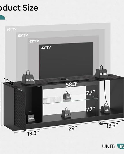 Bestier LED TV Stand with Power Outlets for 55/60/65 Inch TV, Gaming Entertainment Center with Cabinet for PS5, Modern TV Cabinet with Adjustable Glass Shelves for Living Room, Bedroom 58 Inch,Black - LeafyLoom
