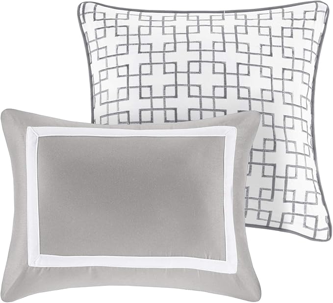 Madison Park Heritage Comforter Quilt Combo Set - Modern Luxury Design, All Season Down Alternative Bedding, Matching Shams, Decorative Pillows, Full/Queen(90"x90"), Color Block Grey 8 Piece - LeafyLoom