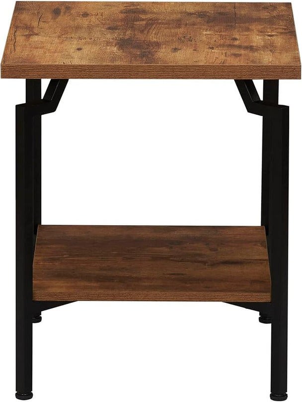 Household Essentials Crown Square Side End Table with Storage Shelf Rustic Hickory Wood Grain and Black Metal - LeafyLoom