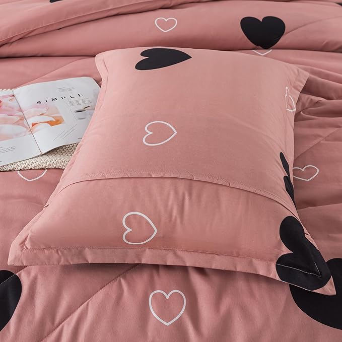 Love Pattern Cameo Brown Comforter Set Full Size, Pink Love Heart Sexy Comforter Bedding Set for All Seasons, Geometric Microfiber 3 Pieces Comforter Set with Pillowshams - LeafyLoom