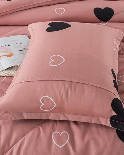 Love Pattern Girls Pink Comforter Set Twin Size, Cameo Brown Cute Love Heart Print Sexy Comforter Bedding Set for All Seasons, Geometric Soft Microfiber Comforter Set with Pillowcase - LeafyLoom
