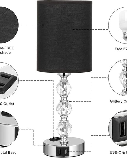 Black Touch Bedside Lamps for Bedrooms - Crystal Table Lamp with USB C+A Charging Port and AC Outlet Nightstand, 3 Way Dimmable Silver Small End Side Table Lamp for Living/Guest/Dinning Room/Kitchen - LeafyLoom