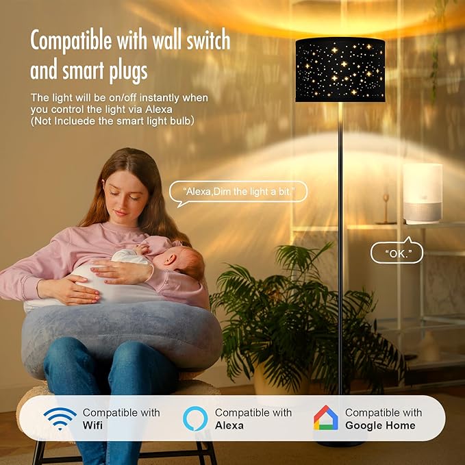 Black Floor Lamps for Living Room Bedroom, Bright Modern Standing Lamp with LED Bulb(6W Bulb), Black Star Lamp Shade, 59" Tall, Footswitch, Simple Reading Floor Lamps Corner Lamp for Office/Den - LeafyLoom