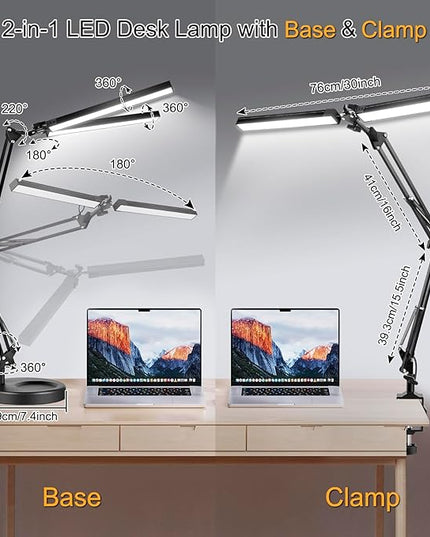 2-in-1 LED Desk Lamp, 24W Brightestwith Table Lamp with Clamp, Desk Light with Flexible Swing Arm,3 Color Modes Stepless Dimmable Double Head Architect Desk Lamps for Home Office Workbench Reading - LeafyLoom