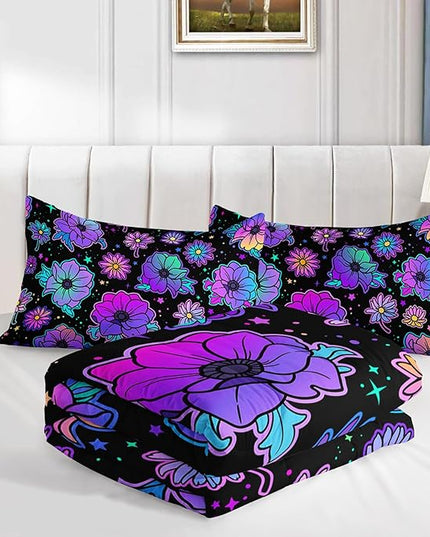 Axolotl Neon Floral Bedding Set Queen,Gradient Floral Comforter Set for Girls,Colorful Flower Bedding Set Stars,Galaxy Series Comforter for Kids Boys Girls Teens Adults,1 Quilt 2 Pillowcases,Black - LeafyLoom