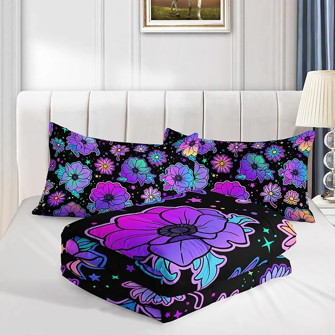 Axolotl Neon Floral Bedding Set Queen,Gradient Floral Comforter Set for Girls,Colorful Flower Bedding Set Stars,Galaxy Series Comforter for Kids Boys Girls Teens Adults,1 Quilt 2 Pillowcases,Black - LeafyLoom