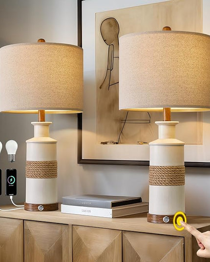 BOBOMOMO 24.5" USB A+C 3-Way Dimmable Touch Control Boho Table Lamp Set of 2 for Living Room Nightstand Beside Lamps for Bedroom(include two bulbs) - LeafyLoom