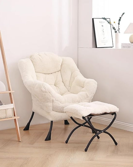 LITA Lazy Chair with Ottoman, Modern Accent Leisure Upholstered Sofa Chair, Lounge Reading Chair with Armrests and a Side Pocket for Living Room, Bedroom & Small Space, Plush Beige - LeafyLoom