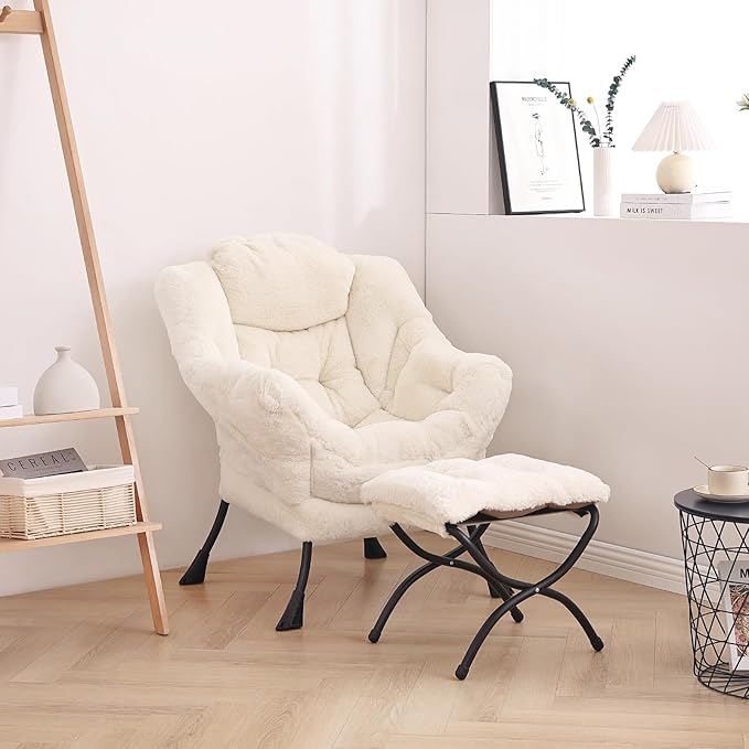 LITA Lazy Chair with Ottoman, Modern Accent Leisure Upholstered Sofa Chair, Lounge Reading Chair with Armrests and a Side Pocket for Living Room, Bedroom & Small Space, Plush Beige - LeafyLoom