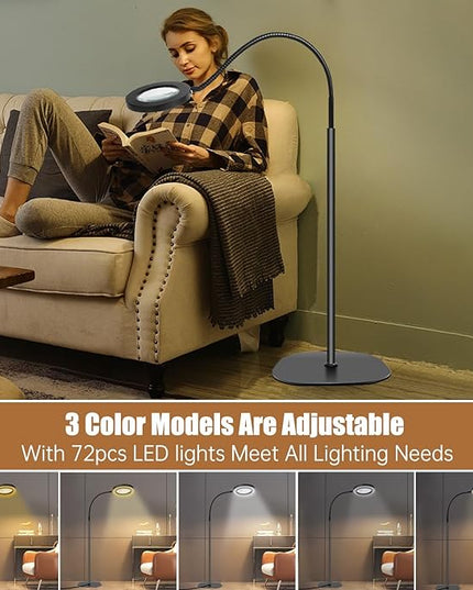 5X 10X Magnifying Glass with Light and Stand, 2-in-1Magnifying Floor Lamp with 36 Adjustable Brightness LED, Flexible Gooseneck Floor Standing Magnifying Lamp for Close Work, Craft, Reading - LeafyLoom