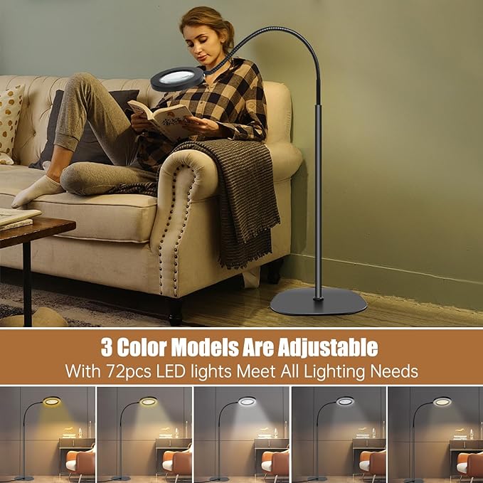5X 10X Magnifying Glass with Light and Stand, 2-in-1Magnifying Floor Lamp with 36 Adjustable Brightness LED, Flexible Gooseneck Floor Standing Magnifying Lamp for Close Work, Craft, Reading - LeafyLoom