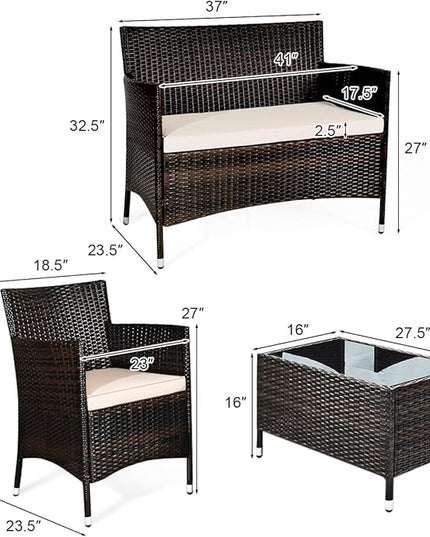LUARANE 4-Piece Rattan Patio Furniture Set, Outdoor Wicker Sofa Couch Table Set, w/Thick Seat Cushions Tempered Glass Coffee Table, Conversation Set for Lawn Garden Poolside Backyard (Brown) - LeafyLoom
