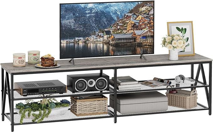 TV Stand Long 70" Entertainment Center 3-Tier TV Console Steel Frame Industrial Style TV Cabinet with Metal Frame for Living Room, Gray - LeafyLoom