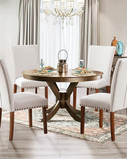 Parsons Dining Chairs Set of 4, Upholstered Nailhead Dining Room Kitchen Side Chair with Thick Cushions and Wood Legs, Beige - LeafyLoom