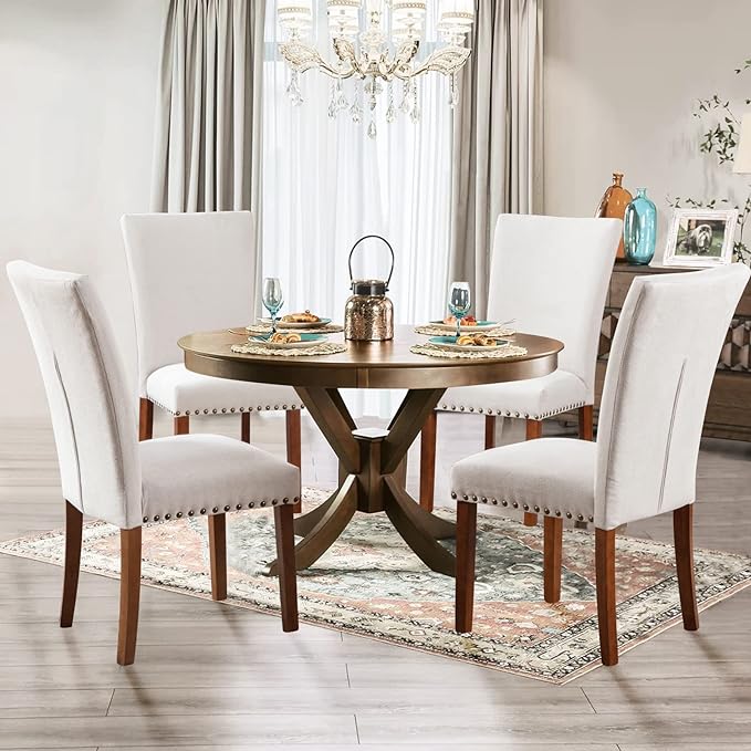 Parsons Dining Chairs Set of 2, Upholstered Nailhead Dining Room Kitchen Side Chair with Thick Cushions and Wood Legs, Beige - LeafyLoom
