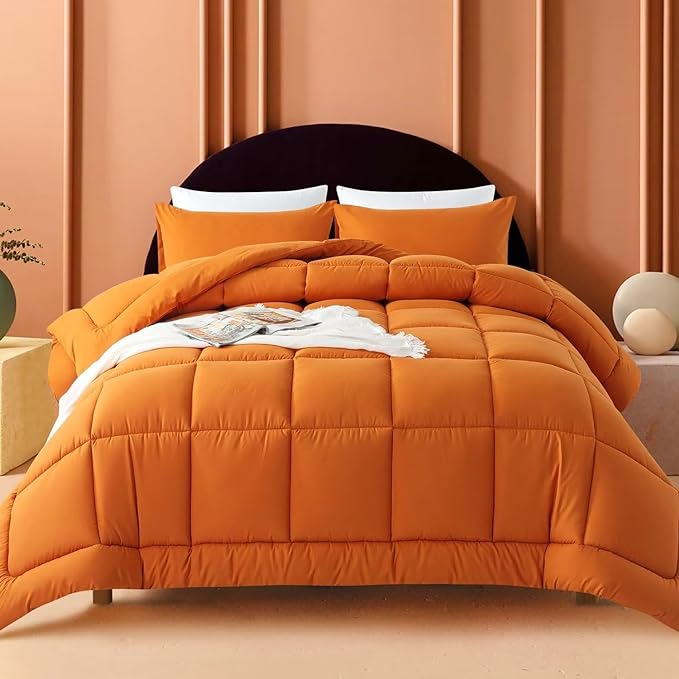 WhatsBedding King Comforter Set, Burnt Orange Lightweight 3 Pieces Bedding Set for All Season Soft Down Alternative Terracotta Bed Set with 2 Pillowcases, King Size, 102"x90" - LeafyLoom