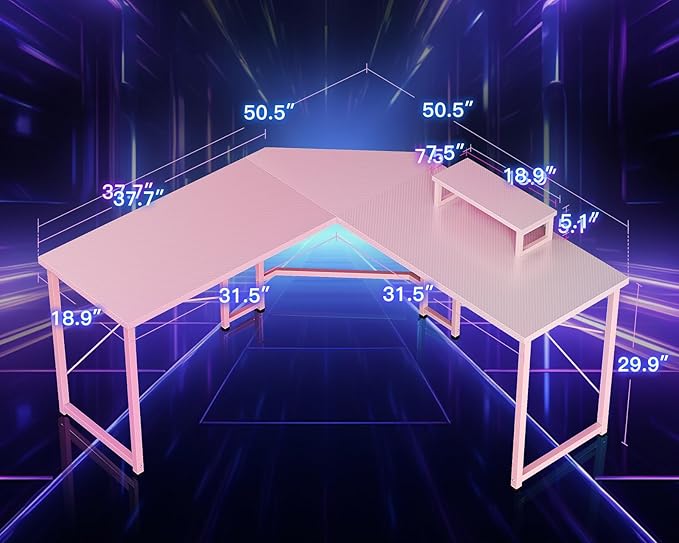 Casaottima L Shaped Gaming Desk with Monitor Stand, Corner Desk Gaming Table for Home Office, Computer Desk Sturdy Writing Workstation for Small Space, 51 inch, Carbon Fiber Surface, Pink - LeafyLoom