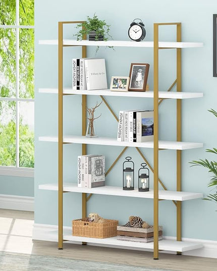 HSH 5 Tier White and Gold Bookshelf, Tall Storage Bookshelves for Bedroom Living Room Office, Metal and Wood Large Book Shelves, Modern Vertical 5 Shelf Bookcase, Farmhouse Big Open Display Book Shelf - LeafyLoom